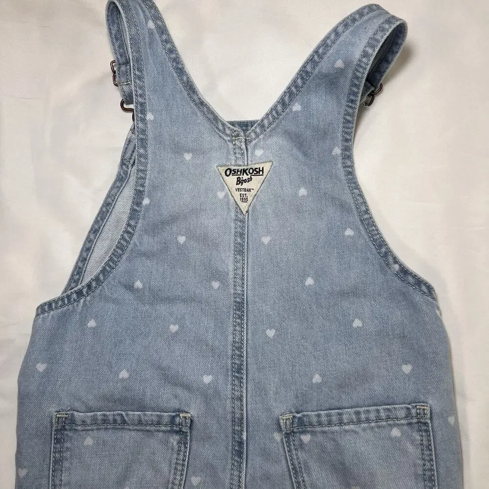 Osh Kosh B’gosh Overalls Toddler Girl Size 4T Blue Denim Heart AOP Heart Pocket